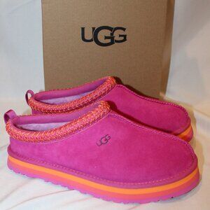 EUC UGG TAZZ PLATFORM SUEDE SHEARLING LINED SLIPPERS PINK ORANGE Y 5 6 WOMEN 7 8